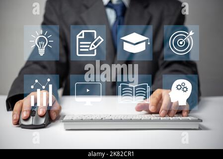 Digital internet technology online lessons screen. E-learning education, online web information management business concept. Stock Photo