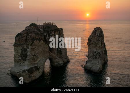 Beautiful Sunset in Pigeon Rocks in Raouche, Beirut, Lebanon. The Mediterranean Sea, Middle East. Stock Photo