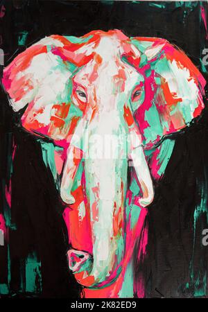 Oil elephant portrait painting in multicolored tones. Conceptual abstract  painting of a elephant on the black background on canvas Stock Photo - Alamy