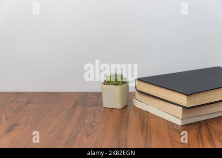 Stack of books and cactus plant on wooden table Stock Photo