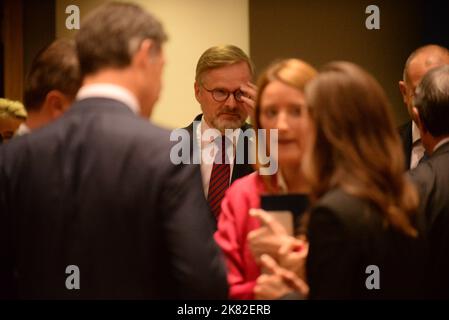 Brussels, Belgium. 20th Oct, 2022. Czech Prime Minister Petr Fiala attending regular October EU summit of heads of state on behalf of EU-presiding Czech Republic in Brussels, Belgium, October 20, 2022. Credit: Petr Kupec/CTK Photo/Alamy Live News Stock Photo