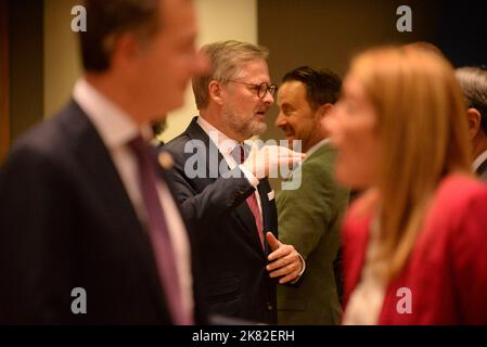 Brussels, Belgium. 20th Oct, 2022. Czech Prime Minister Petr Fiala attending regular October EU summit of heads of state on behalf of EU-presiding Czech Republic in Brussels, Belgium, October 20, 2022. Credit: Petr Kupec/CTK Photo/Alamy Live News Stock Photo