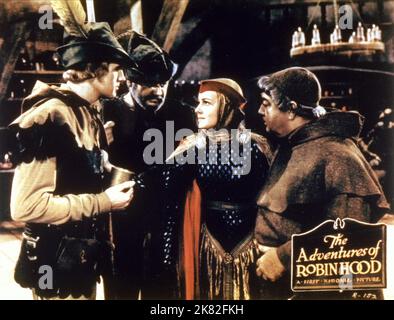 Errol Flynn, Alan Hale, Olivia De Havilland & Eugene Pallette Film: The Adventures Of Robin Hood (USA 1938) Characters: Robin Hood, Little John, Maid Marian, Friar Tuck  Director: Michael Curtiz, W Keighley 14 May 1938   **WARNING** This Photograph is for editorial use only and is the copyright of WARNER BROS. and/or the Photographer assigned by the Film or Production Company and can only be reproduced by publications in conjunction with the promotion of the above Film. A Mandatory Credit To WARNER BROS. is required. The Photographer should also be credited when known. No commercial use can be Stock Photo