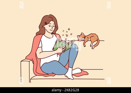 Happy young woman sit on sofa reading book with cat sleeping near. Calm relaxed girl rest on couch with novel enjoy weekend with pet. Vector illustration.  Stock Vector