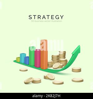 3D chart bar on rising arrow with stacks of gold coins. Statistics and analysis of business success. Graph for growth profit. business and finance. Ve Stock Vector