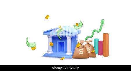 3D bank building with money bag and falling gold coin and paper green dollars. Chart with growth arrow on background. Banking and investment concept. Stock Vector