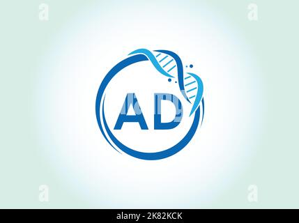 Letter AD monogram alphabet in a circle with DNA. Genetics logo design concept. Font emblem. Modern vector logo Stock Vector