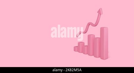 3D statistics finance chart graph analytics. Pink realistic optimization stock market. Rise arrow to planning target. Investment business development Stock Vector