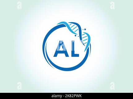 Letter AL monogram alphabet in a circle with DNA. Genetics logo design concept. Font emblem. Modern vector logo Stock Vector