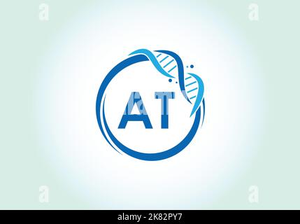 Letter AT monogram alphabet in a circle with DNA. Genetics logo design concept. Font emblem. Modern vector logo Stock Vector