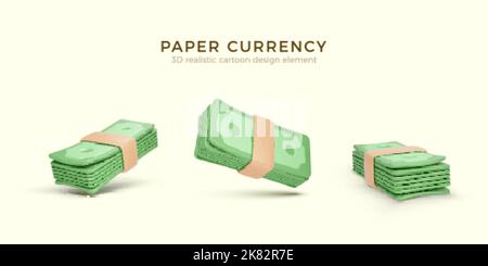 Pack of green paper currency. Set of 3D render stack of dollar US. Money dollar banknote in cartoon style isolated. Vector illustration Stock Vector