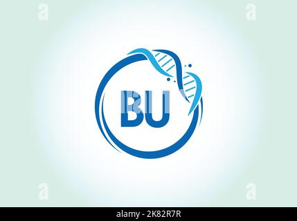 Letter BU monogram alphabet in a circle with DNA. Genetics logo design concept. Font emblem. Modern vector logo Stock Vector