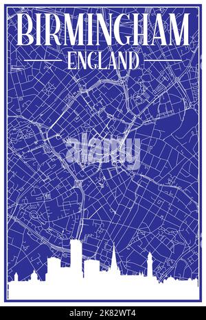 Blue vintage hand-drawn printout streets network map of the downtown BIRMINGHAM, ENGLAND with brown 3D city skyline and lettering Stock Vector