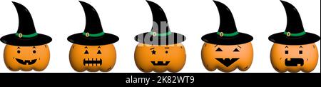 Set of simple kids 3d fun colored cartoon pumpkins for Halloween with different emotions. Funny Halloween pumpkins set vector illustration. Good as de Stock Vector