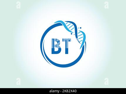 Letter BT monogram alphabet in a circle with DNA. Genetics logo design concept. Font emblem.Modern vector logo for medicine, science, laboratory Stock Vector