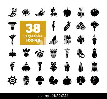 Vegetables isolated vector glyph icons set. Graph symbol for food and drinks web site, apps design, mobile apps and print media, logo, UI Stock Vector