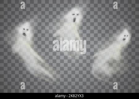 A set of translucent isolated phantoms. Ghostly phantom fly figure or night dead ghoul. Vector illustration. Stock Vector