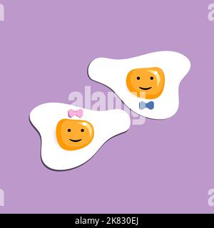Funny cute fried eggs emoticon face icon like a boy and girl with a bow tie and bow isolated on the purple background. Paper cut-out vector illustration Stock Vector