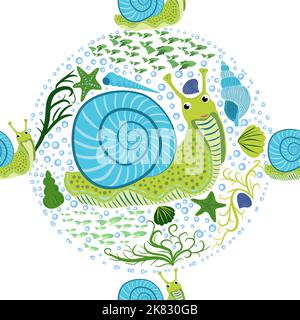 Snail, sea inhabitants seamless pattern, beautiful character among seashells, seaweed, starfish, sea animals of wildlife. Stock Vector