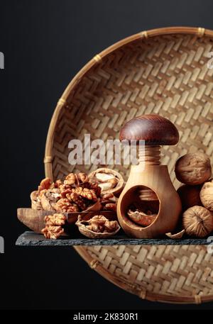 Walnuts on a black background. Copy space. Stock Photo