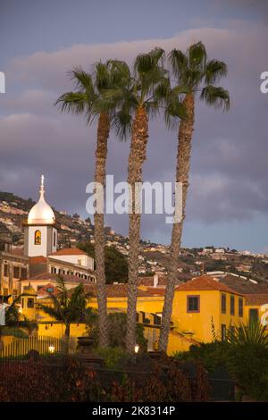 Portugal, Madeira, Funchal,  Zona Velha,  Sao Tiago Fortress, Santa Maria Maior church, night, Stock Photo
