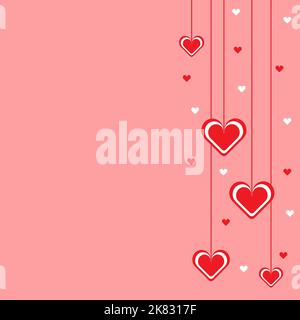 Red decorative hanging hearts on orange background with copy space. Happy Valentine's Day celebration Stock Vector