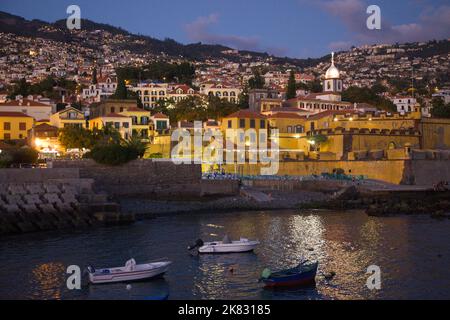 Portugal, Madeira, Funchal,  Zona Velha,  Sao Tiago Fortress, Santa Maria Maior church, night, Stock Photo
