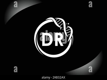 Letter DR monogram alphabet in a circle with DNA. Genetics logo design concept. Font emblem.Modern vector logo for medicine, science, laboratory Stock Vector