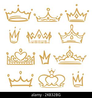 Gold sketch crowns. Various royal accessories for queen and king, prince and princess. Hand drawn diadems Stock Vector