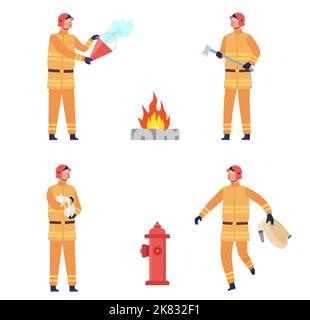 Flat fireman worker in uniform. Professional workers rescuing cat, putting out flame, carrying hose and axe Stock Vector