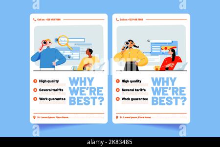 Seo agency advertising banner with question Why we are best. Promotion poster of search engine optimization service with people work with laptop and h Stock Vector