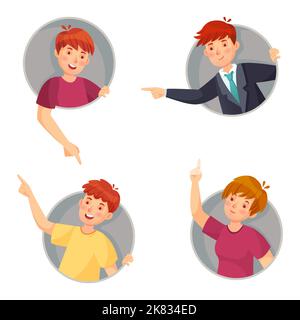 People pointing out window holes. Boys and girl looking surprised and curious. Female an male characters Stock Vector