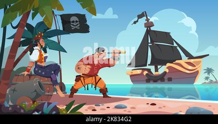 Pirates on tropical island. Sea landscape with pirate ship and male character looking at spyglass. Cartoon woman sitting on wooden barrel Stock Vector