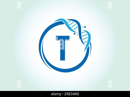 Letter T monogram alphabet in a circle with DNA. Genetics logo design concept. Font emblem.Modern vector logo for medicine, science, laboratory Stock Vector