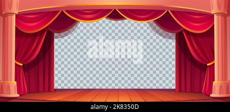 Theater stage with red curtains, wooden floor, white columns isolated on transparent background.Theatre scene interior with empty backdrop, vector car Stock Vector
