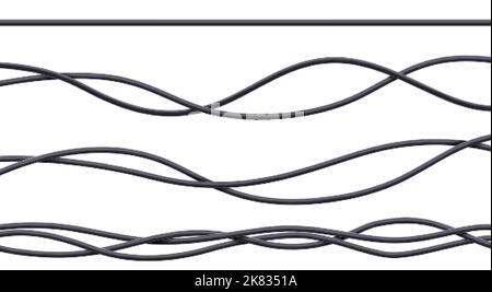 Realistic cables set, black flexible electrical wires with plastic braid isolated on white background. Power or network line, connection and telecommu Stock Vector