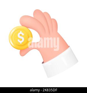 Hand Holding Golden Coin with Dollar Sign. Money Saving, Online Payment, Cashback Concept. 3D Vector Illustration Isolated on White Background Stock Vector
