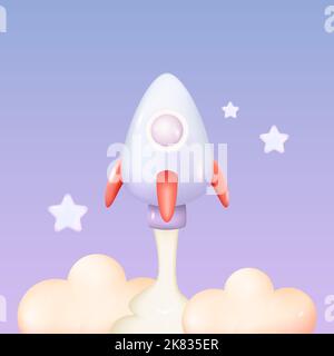 3D Space Rocket Ship Launch. Cartoon Spaceship with Smoke from Turbines. Startup Business Concept Vector Illustration Stock Vector