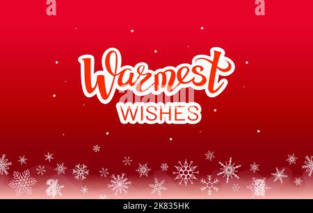 Warmest Wishes, lettering on red seamless background with gradient and falling snowflakes. Holiday regards. Trendy design for packaging, mailing Stock Vector