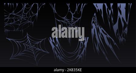 Spider web Halloween set, cobweb, spooky insect net collection design elements for greeting cards. Scary, horror decorative graphics isolated on black Stock Vector
