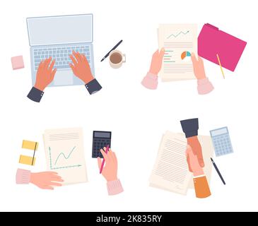 Working businessman hands. Man typing on laptop keyboard, person analyzing graphs and making financial report Stock Vector