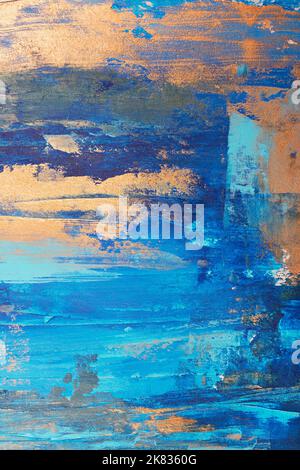 Color abstract acrylic painting background with blue and golden hand strokes Stock Photo