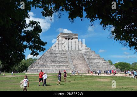 View of the Maya archeological site of Chichen Itza in Yucatan, Mexico. Mayan ruins with pyramid and ancient buildings for tourism and people Stock Photo