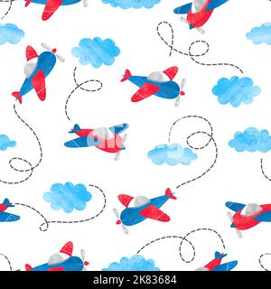 Seamless pattern with watercolor planes and clouds for kids Stock Vector