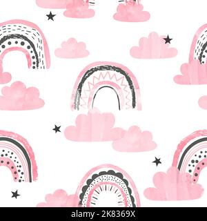 Seamless pattern with pink rainbows, clouds and stars. Vector watercolor illustration for kids design Stock Vector