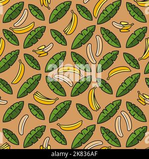 Seamless pattern with palm leaves and bananas. Tropical vector background with isolated objects on sand. Stock Vector