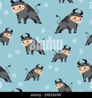 Seamless cartoon bulls pattern. Vector illustration with oxen Stock Vector