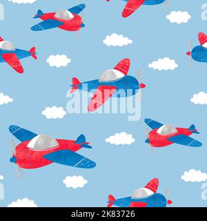 Seamless childish pattern with watercolor planes and clouds. Stock Vector