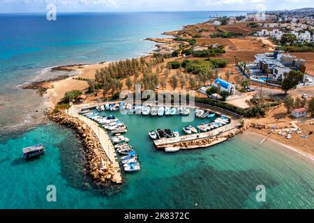 Aerial view of Agia Triada beach (Trinity Beach) and harbour, Paralimni, Cyprus. Stock Photo