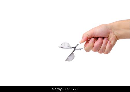 Strainer for brewing tea and sprinkling in your hand on white background Stock Photo